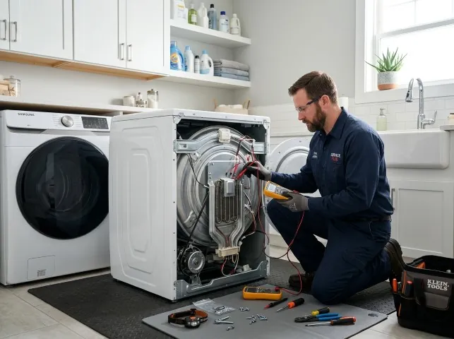 Appliance Repair Hero technician checking a dryer heating element with the rear panel off in Allison Park, PA