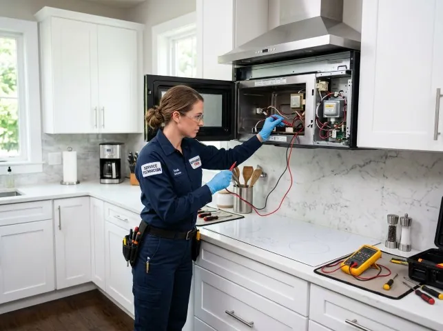 Appliance Repair Hero technician testing an over-the-range microwave in a Allison Park, PA kitchen