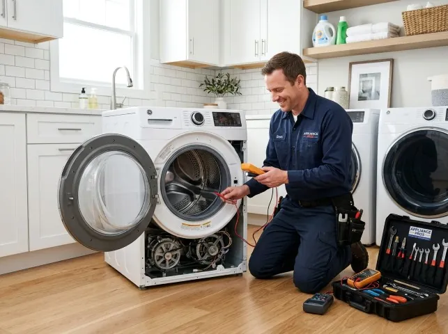 Appliance Repair Hero technician testing a front-load washer with a multimeter on a Allison Park, PA service call